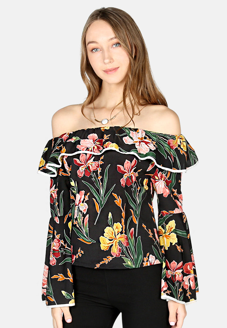 Black Floral Print Off Shoulder Top#color_black