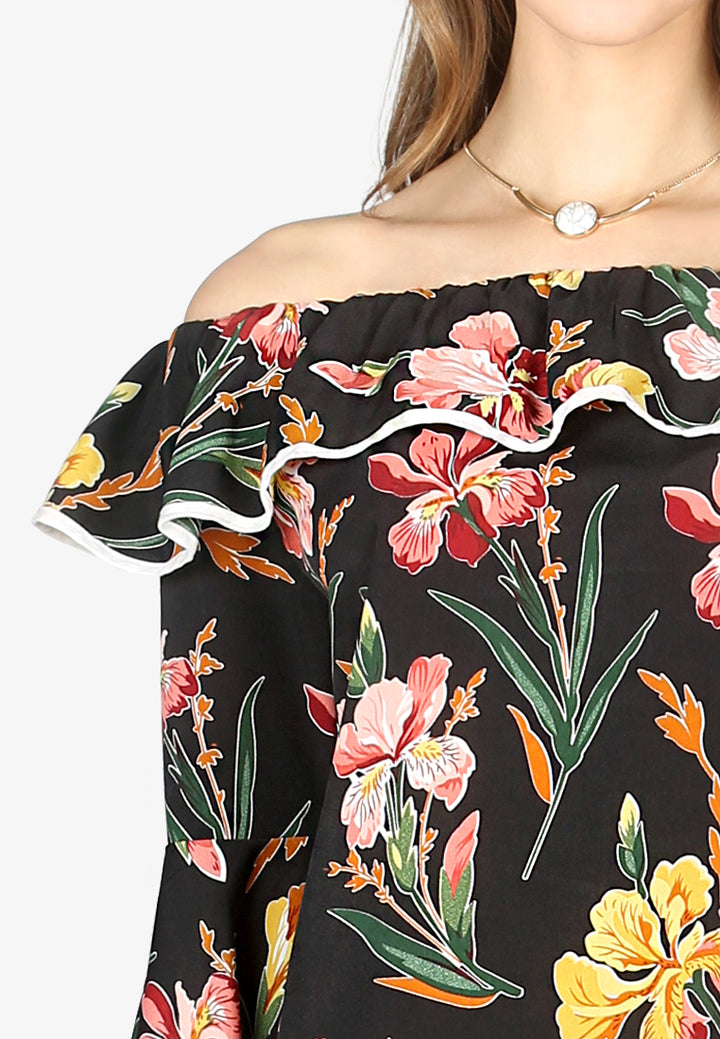 Black Floral Print Off Shoulder Top#color_black