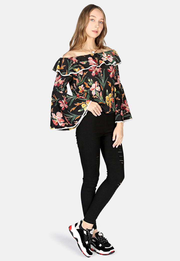 Black Floral Print Off Shoulder Top#color_black