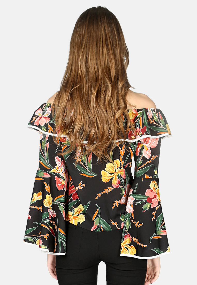 Black Floral Print Off Shoulder Top#color_black