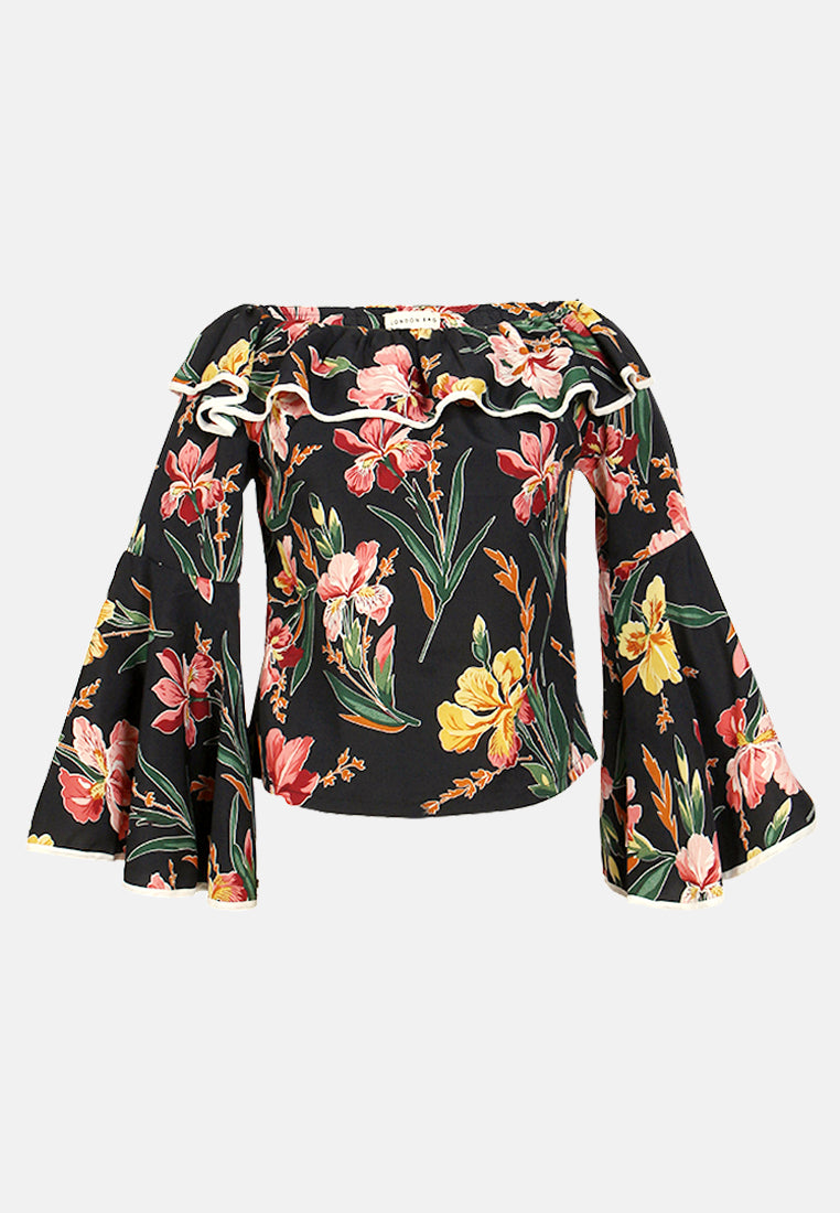 Black Floral Print Off Shoulder Top#color_black
