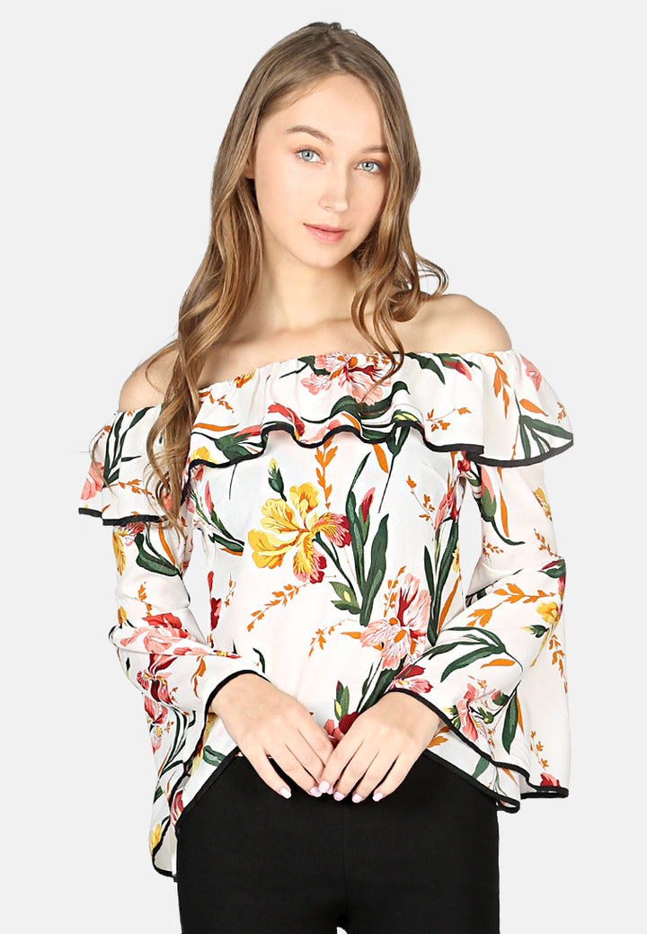 Black Floral Print Off Shoulder Top#color_white