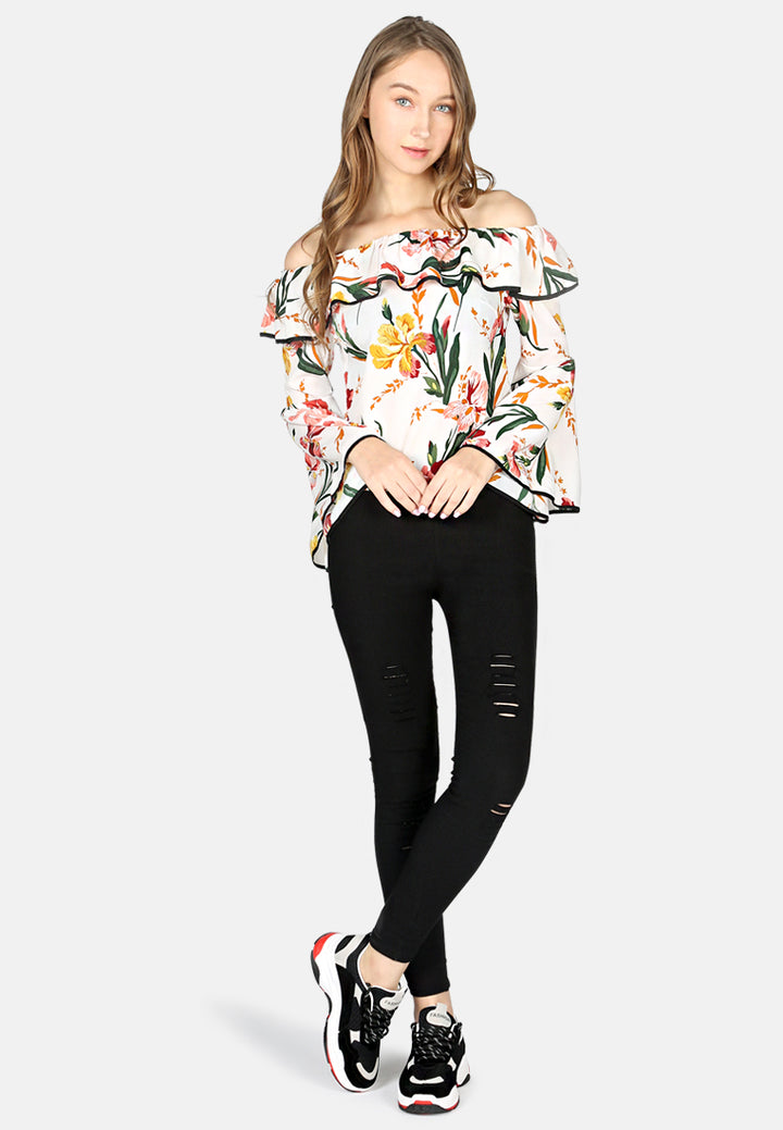 Black Floral Print Off Shoulder Top#color_white