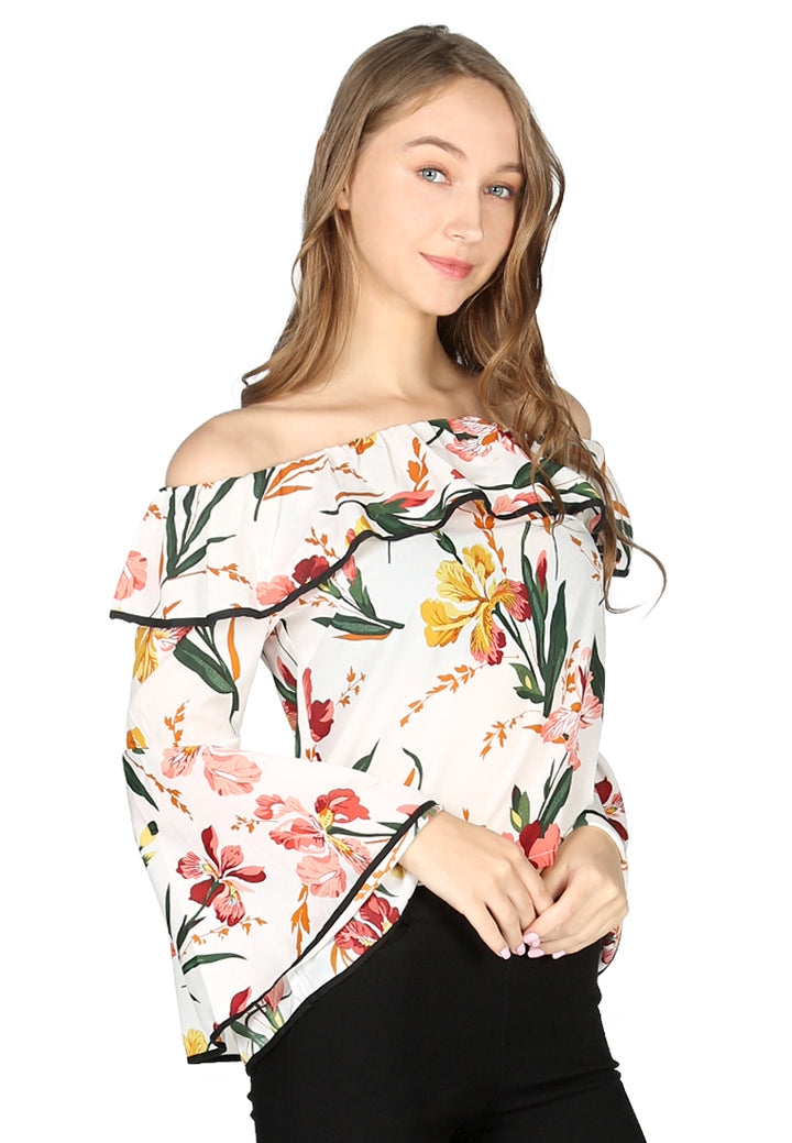 Black Floral Print Off Shoulder Top#color_white