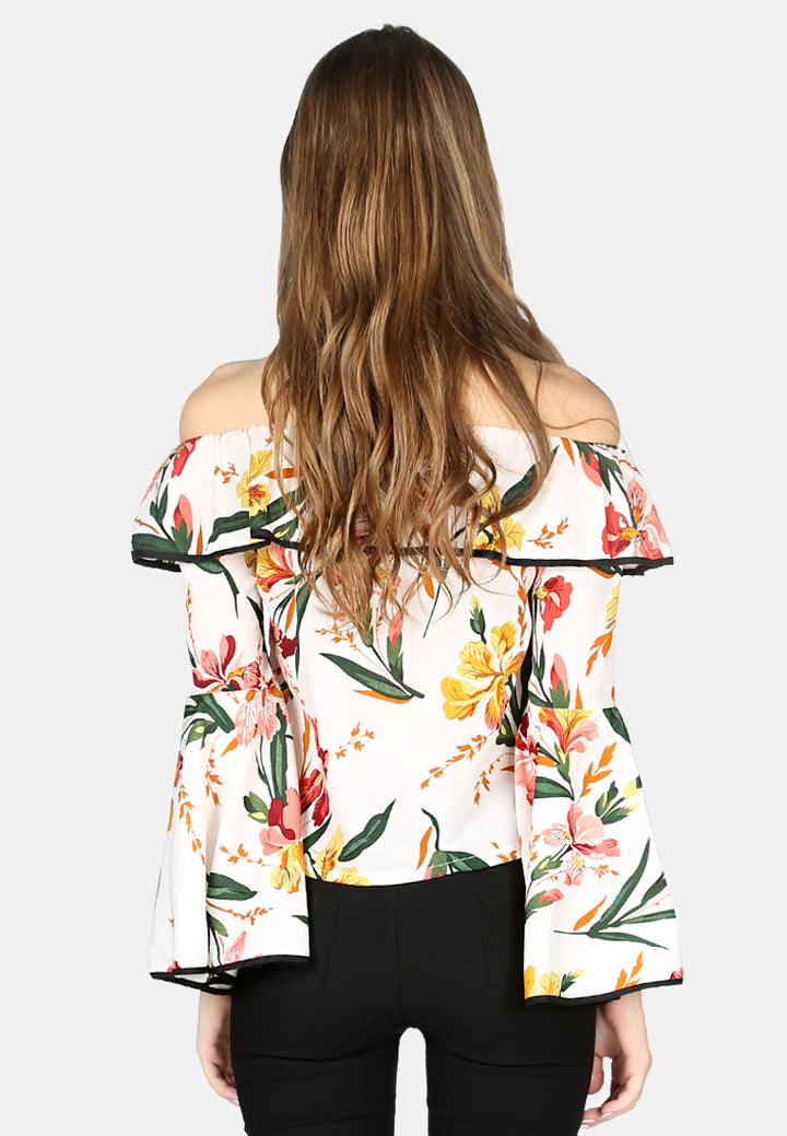 Black Floral Print Off Shoulder Top#color_white