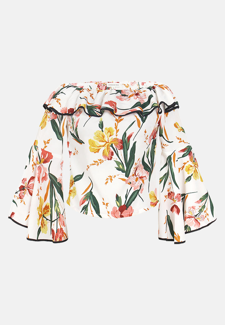 Black Floral Print Off Shoulder Top#color_white