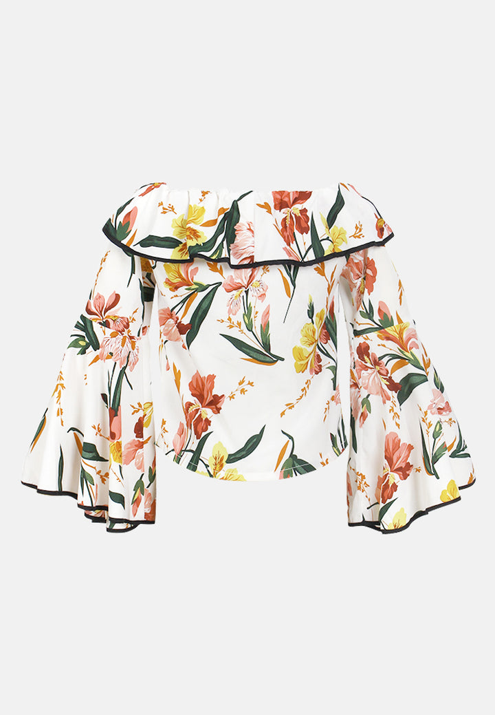 Black Floral Print Off Shoulder Top#color_white