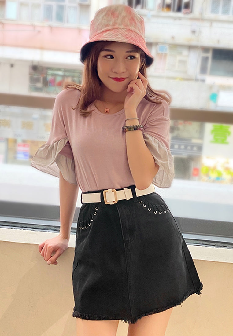 frayed hem mini skirt with eyelets on pockets#color_black