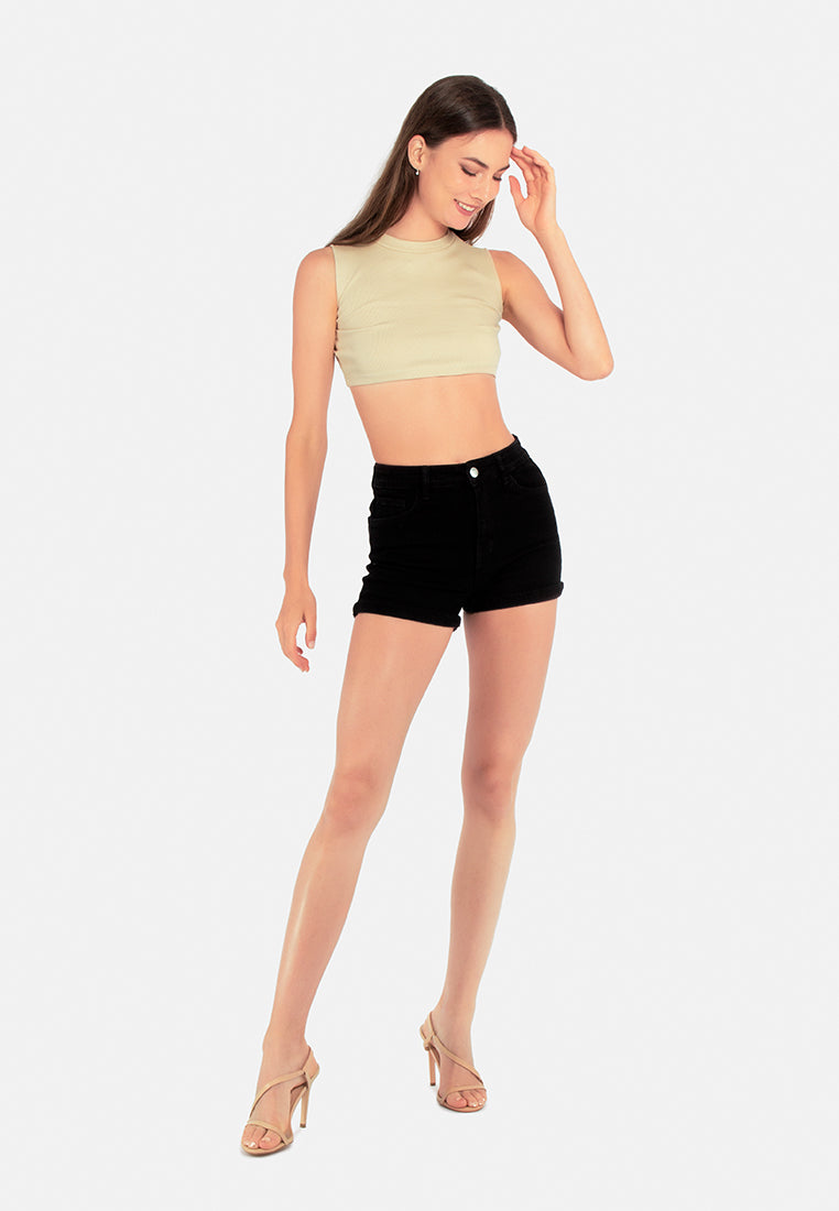 high waist rolled hem shorts#color_black