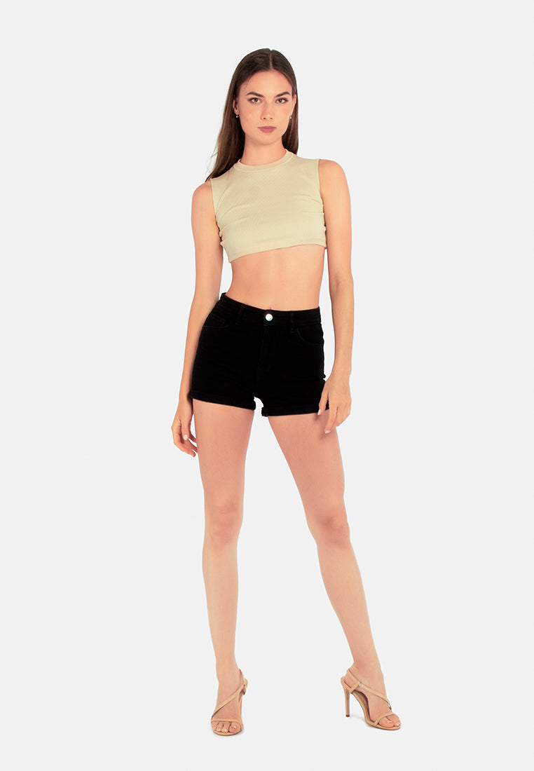 high waist rolled hem shorts#color_black