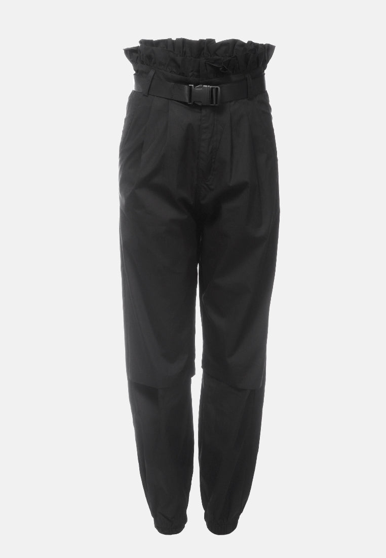 paper bag pants with buckled belt#color_black