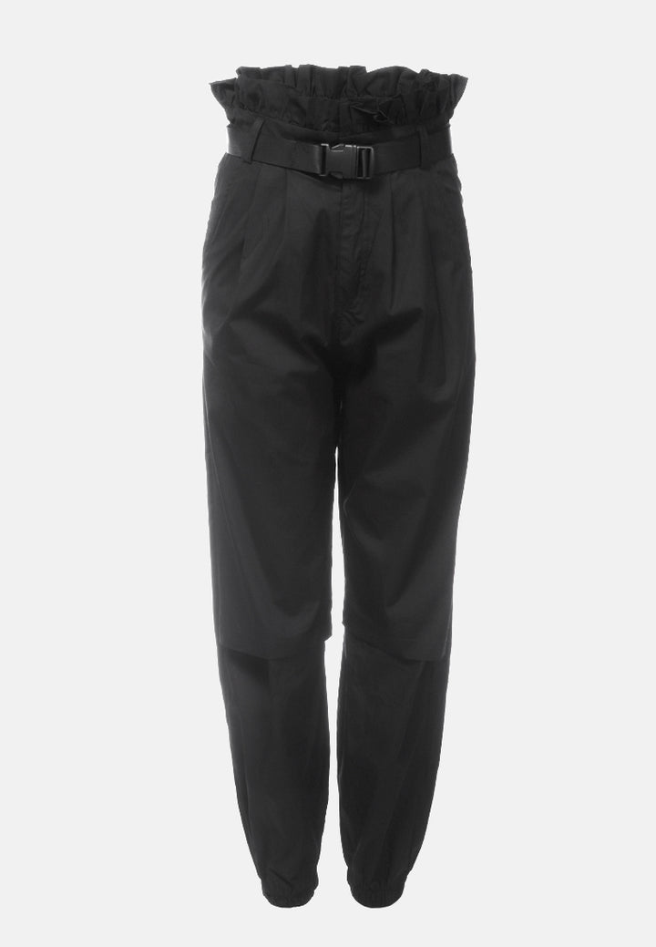 paper bag pants with buckled belt#color_black