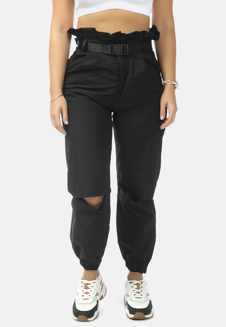 paper bag pants with buckled belt#color_black