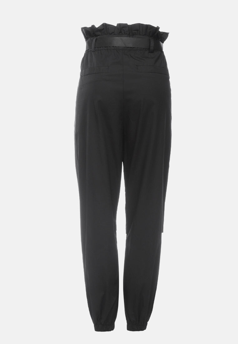 paper bag pants with buckled belt#color_black