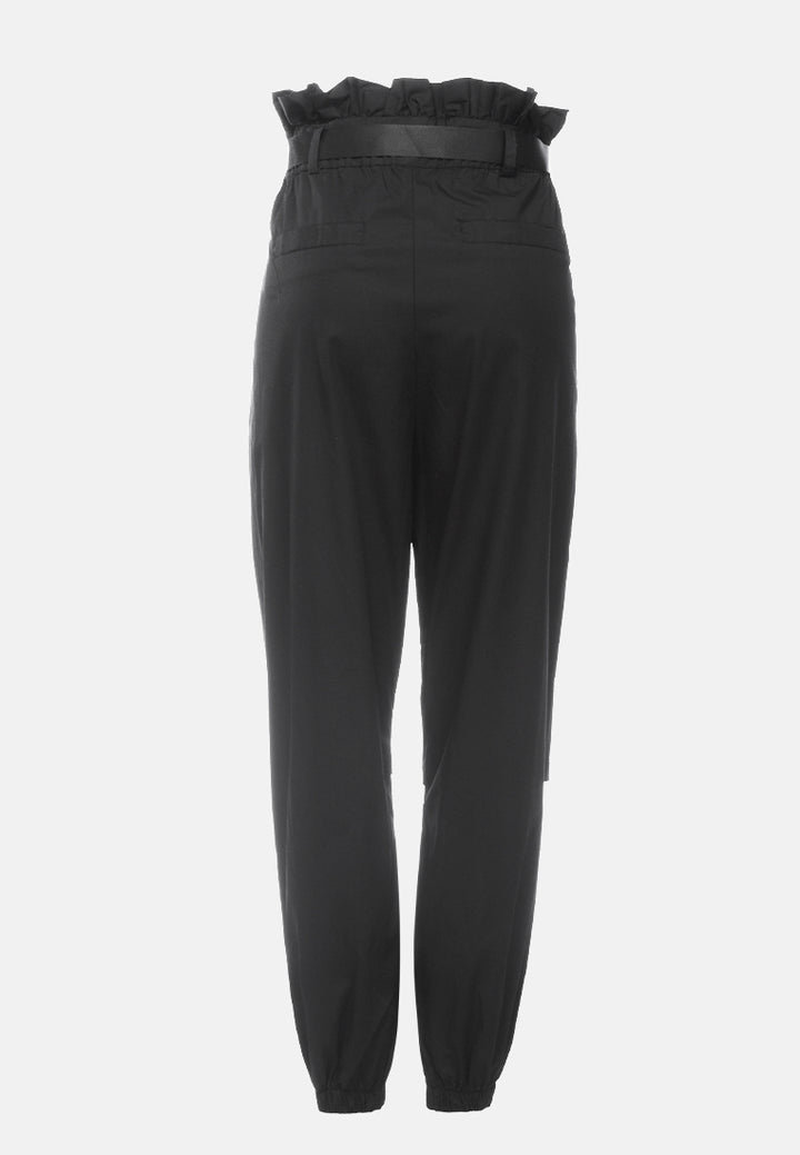 paper bag pants with buckled belt#color_black