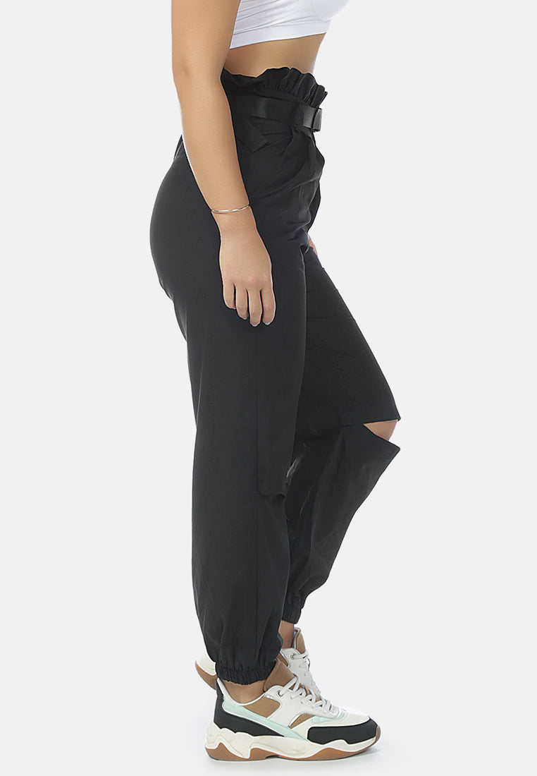 paper bag pants with buckled belt#color_black