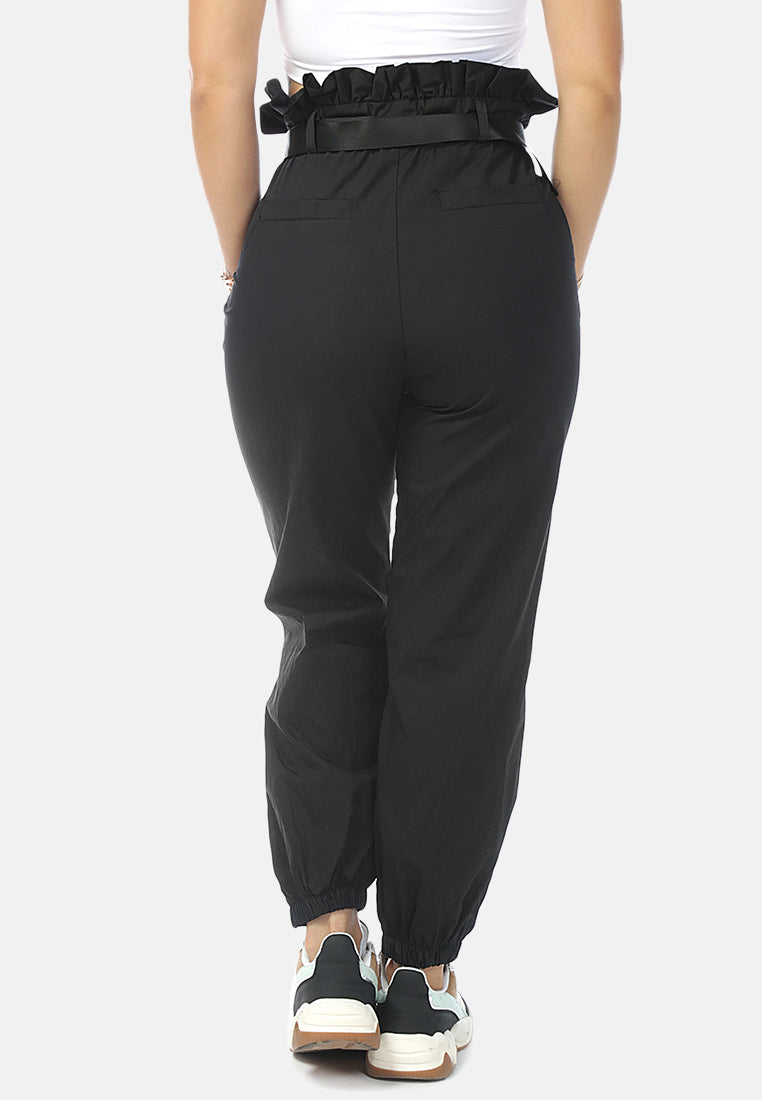 paper bag pants with buckled belt#color_black