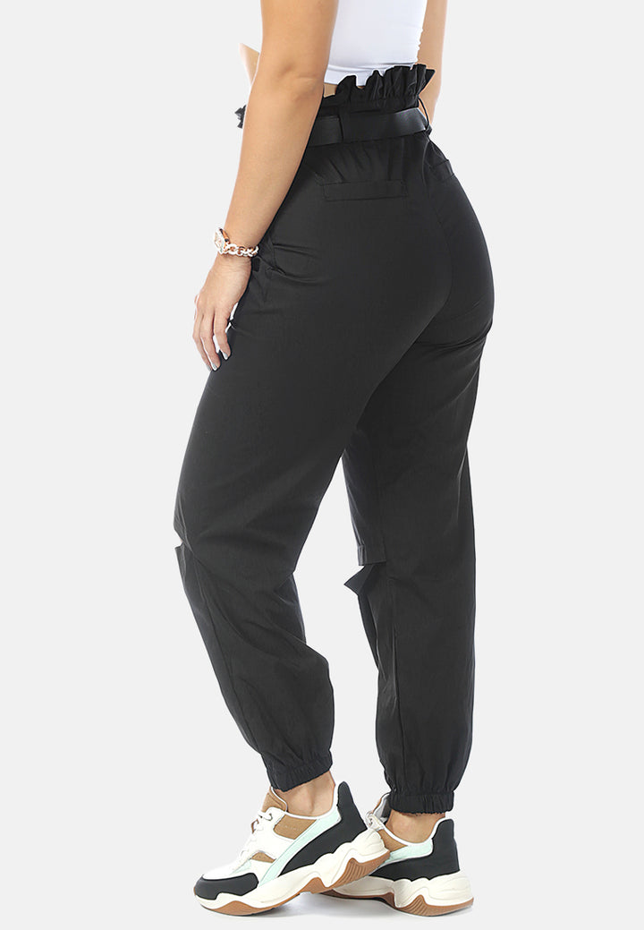 paper bag pants with buckled belt#color_black