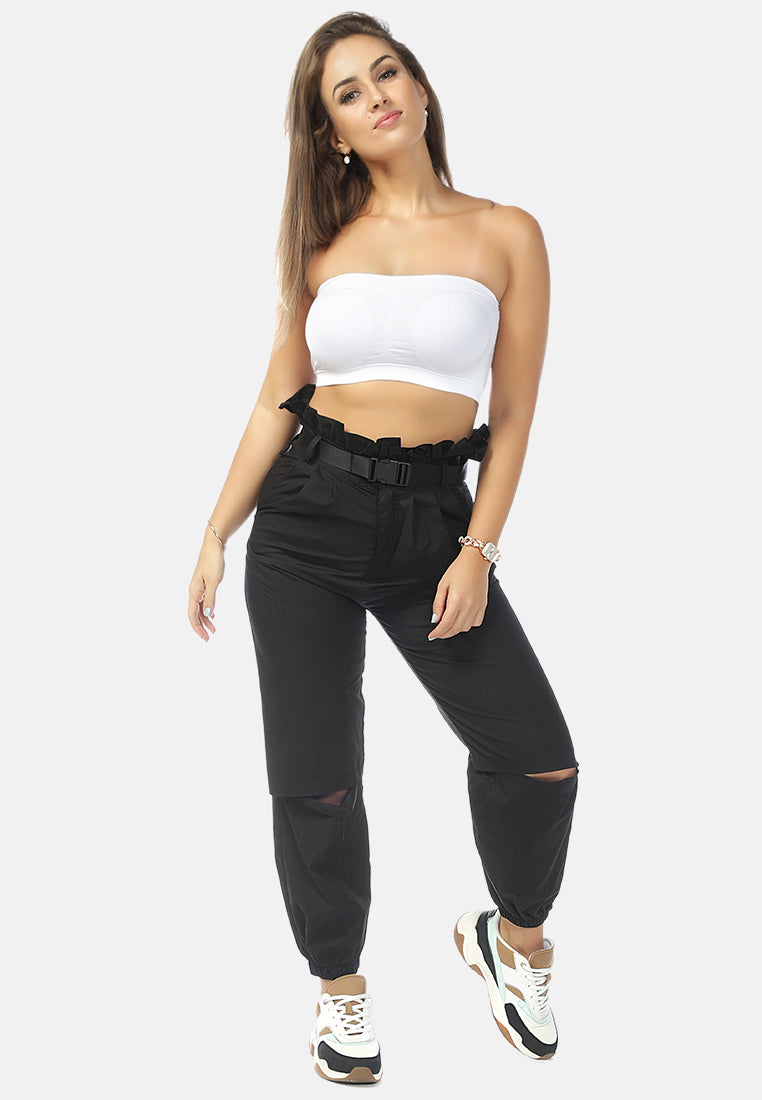 paper bag pants with buckled belt#color_black