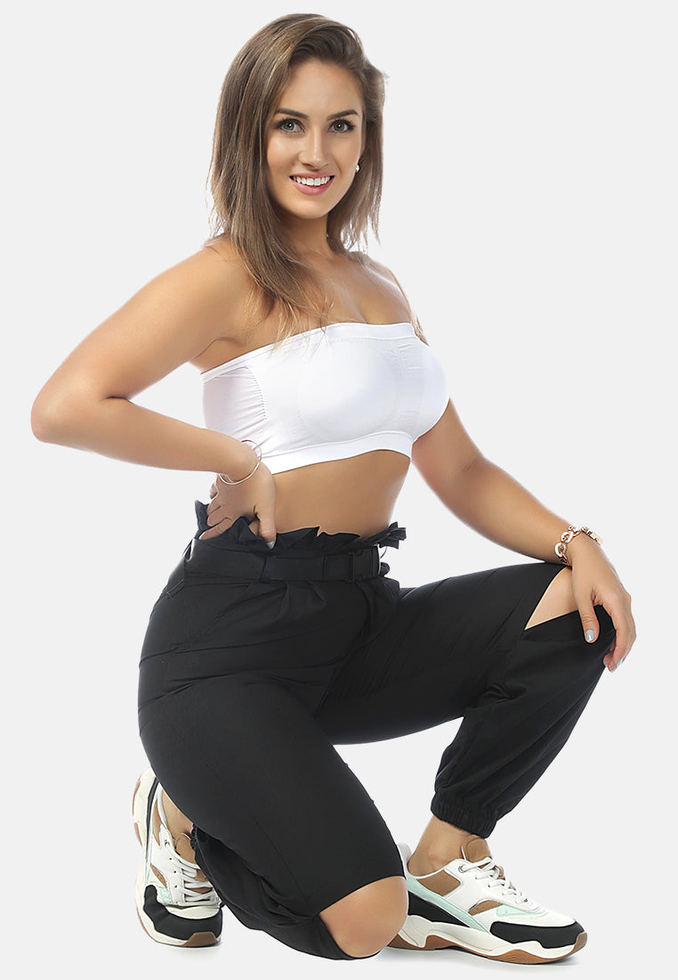 paper bag pants with buckled belt#color_black