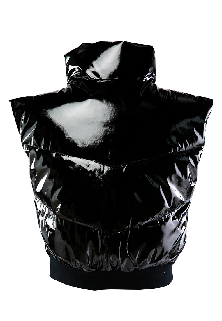 patent sleeveless puffer jacket#color_black