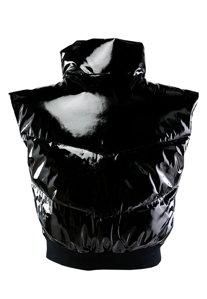 patent sleeveless puffer jacket#color_black