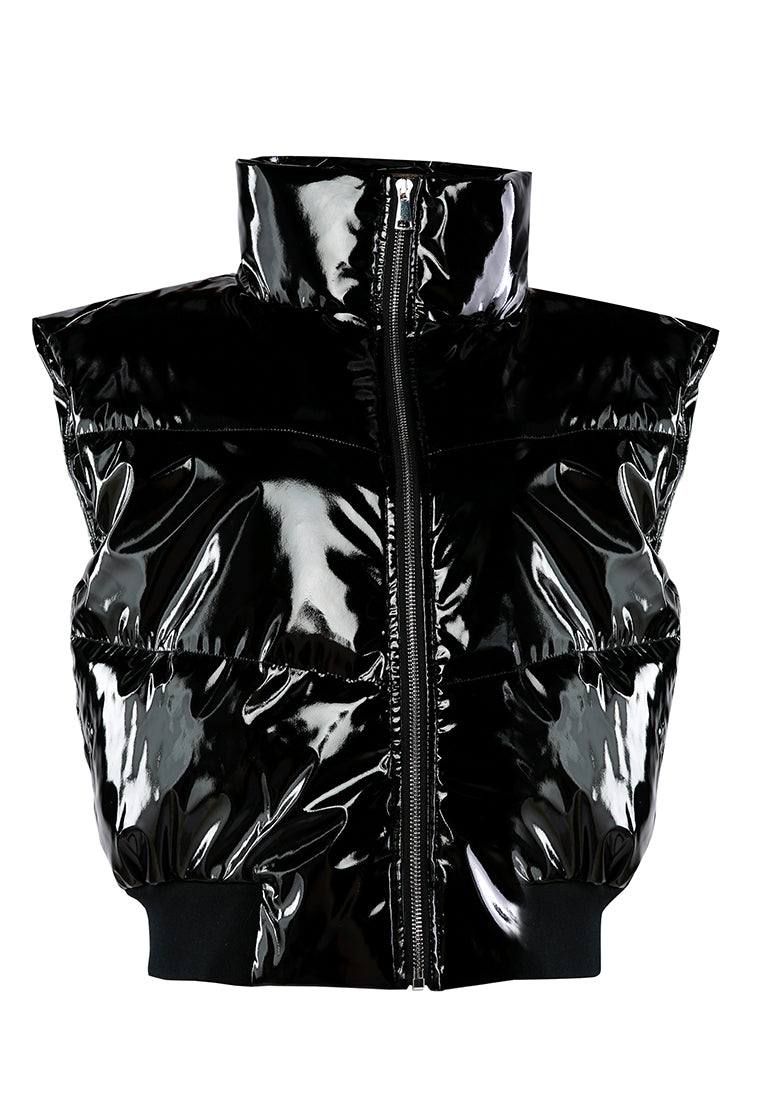 patent sleeveless puffer jacket#color_black