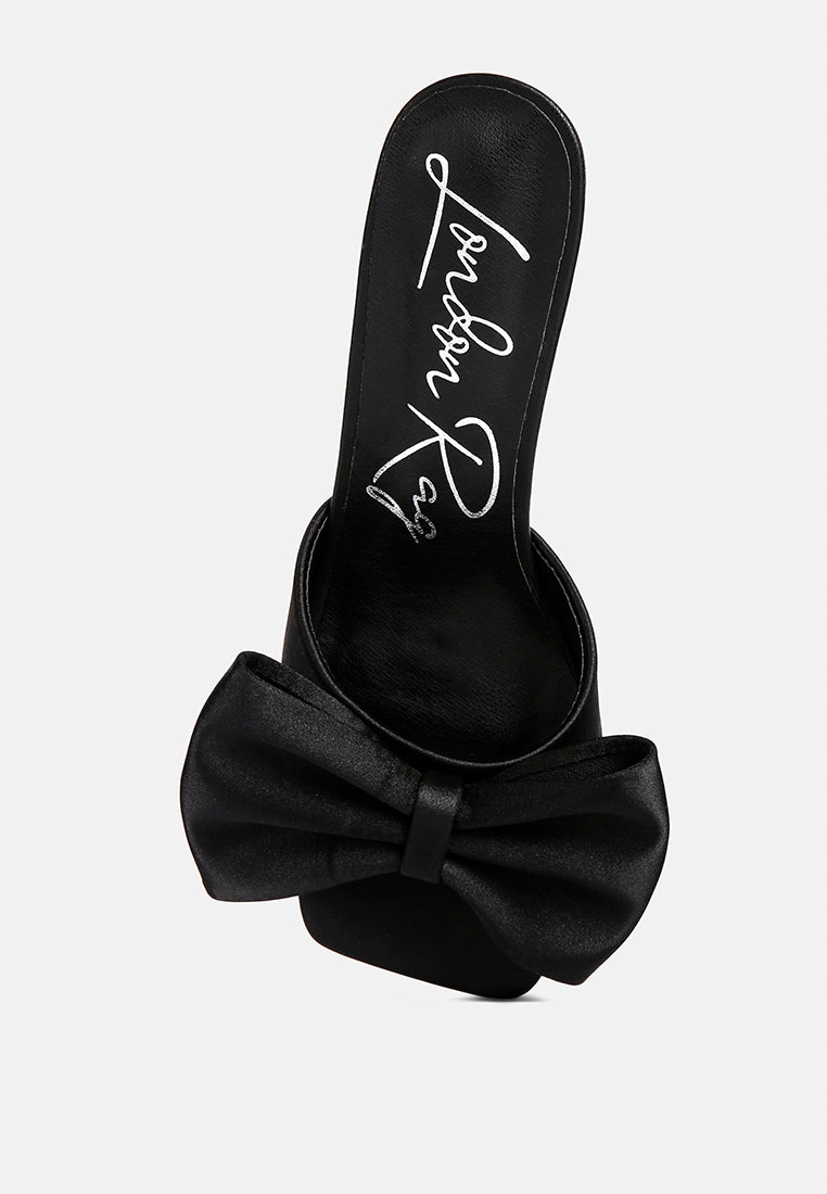black satin bow kitten heel sandals#color_black