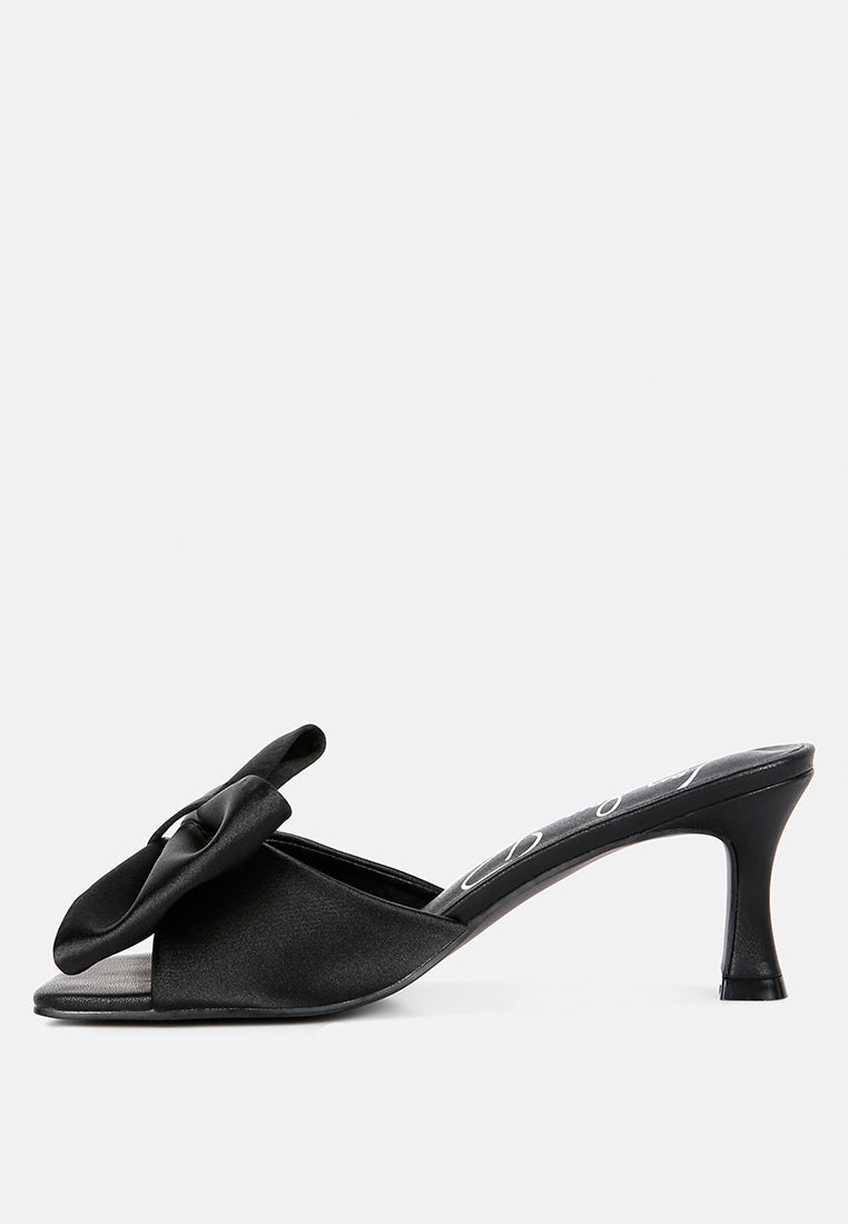 black satin bow kitten heel sandals#color_black