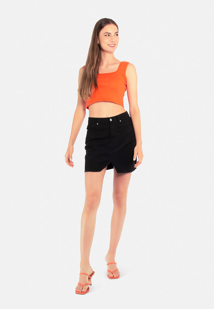 black split distressed denim mini skirt#color_black