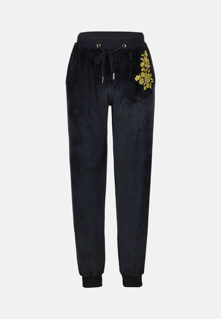 velour cuffed joggers with drawstring#color_black