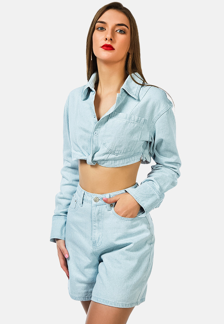 denim tied hem cropped shirt#color_light-blue
