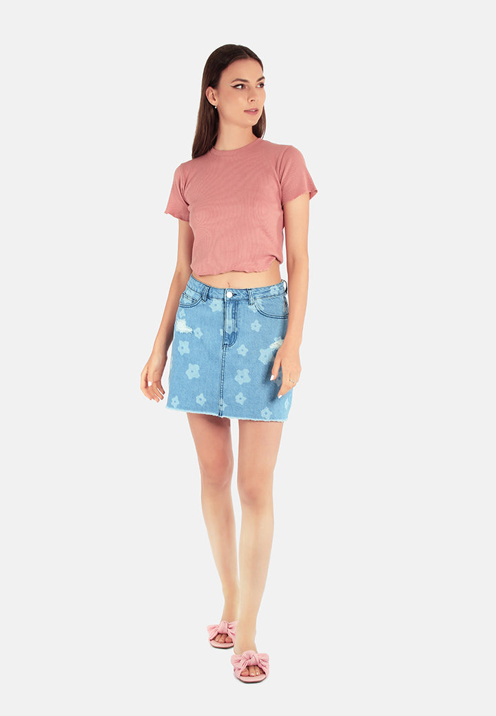blue flower print ripped jeans mini skirt#color_blue