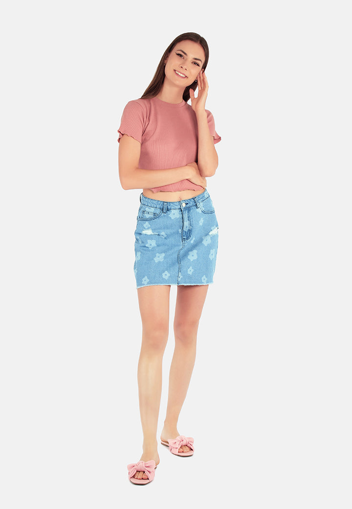 blue flower print ripped jeans mini skirt#color_blue