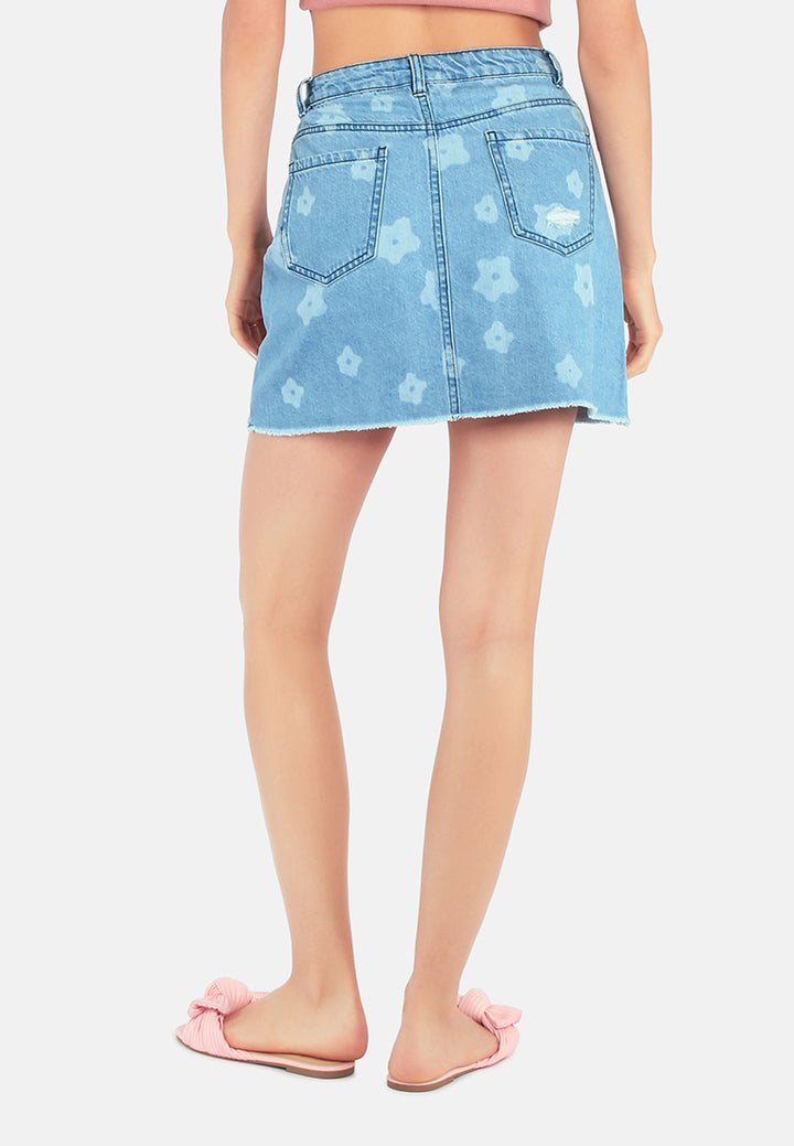 blue flower print ripped jeans mini skirt#color_blue