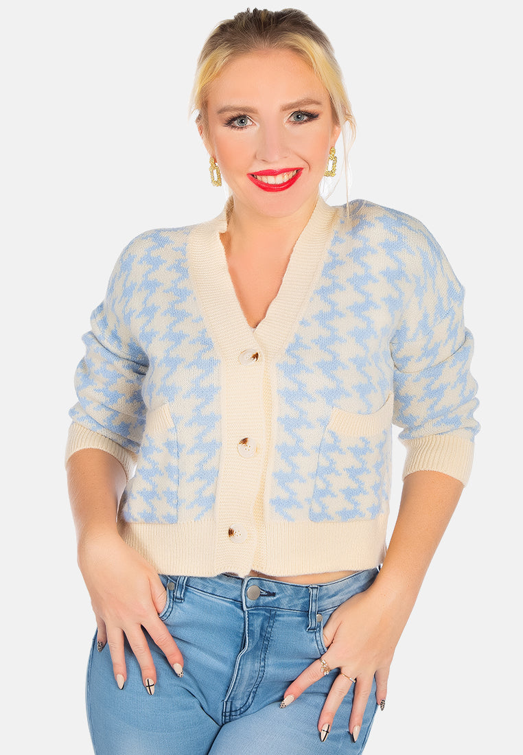 blue houndstooth patterned cropped cardigan#color_blueblue houndstooth patterned cropped cardigan#color_blue