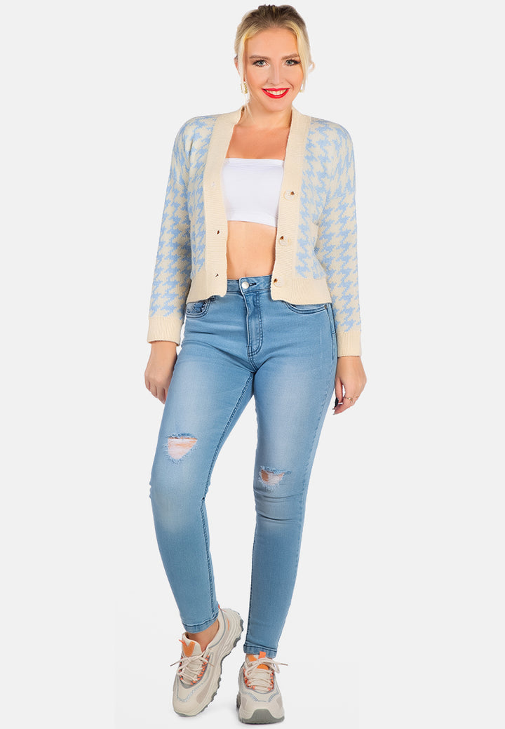 blue houndstooth patterned cropped cardigan#color_blue