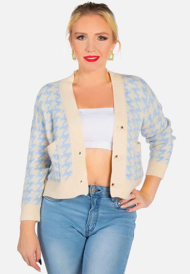 blue houndstooth patterned cropped cardigan#color_blue