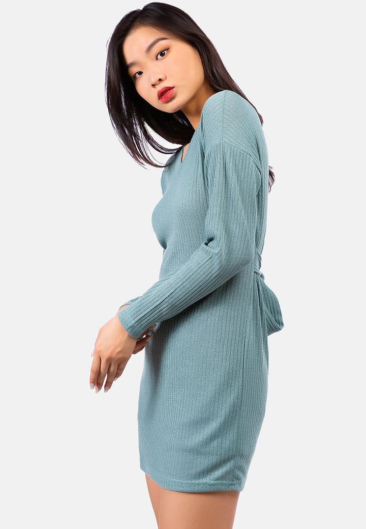 bodycon tie behind knit dress#color_sage-green