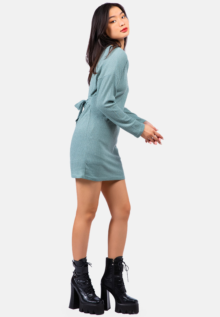 bodycon tie behind knit dress#color_sage-green