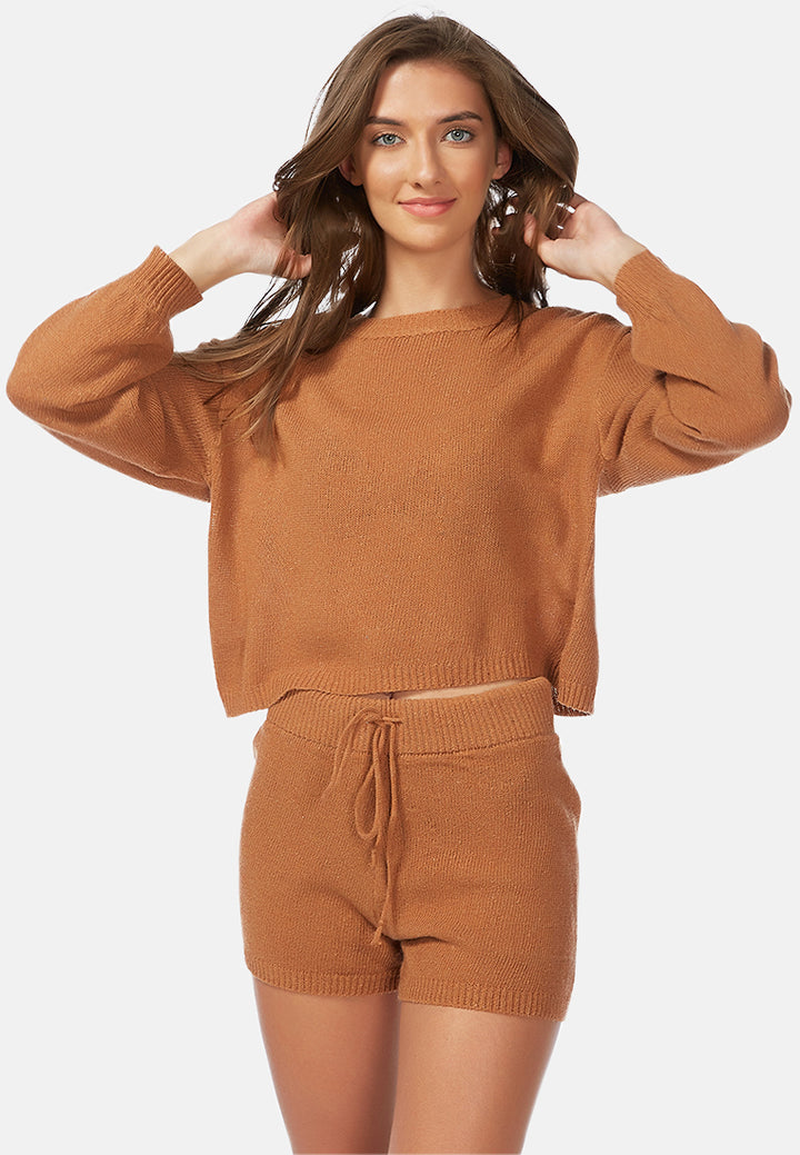 Crew Neck Long Sleeve Pullover#color_brown