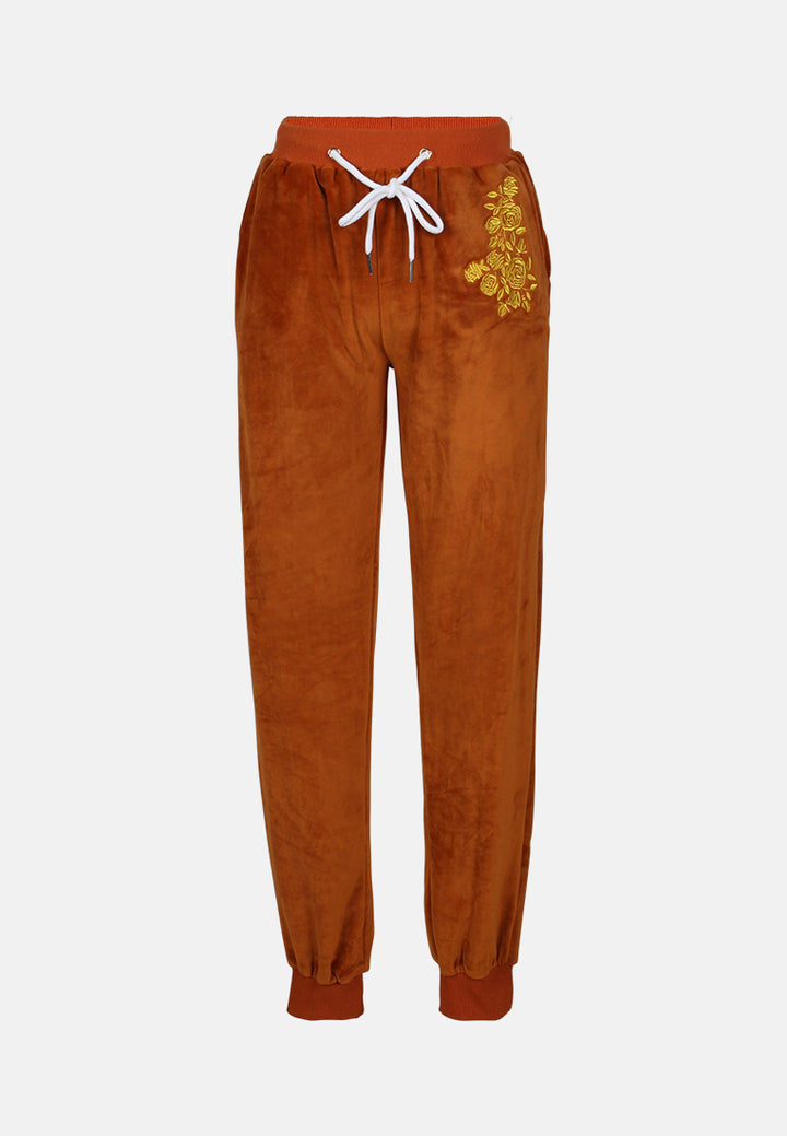 velour cuffed joggers with drawstring#color_honey-brown