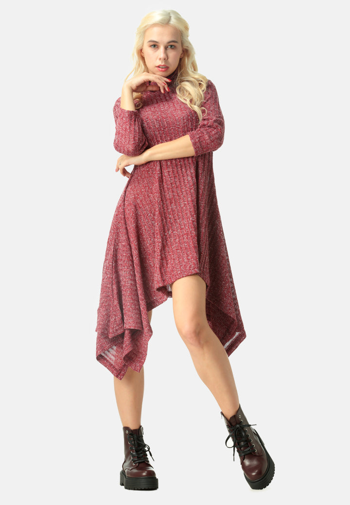 long sleeve irregular hem sweater dress#color_burgundy