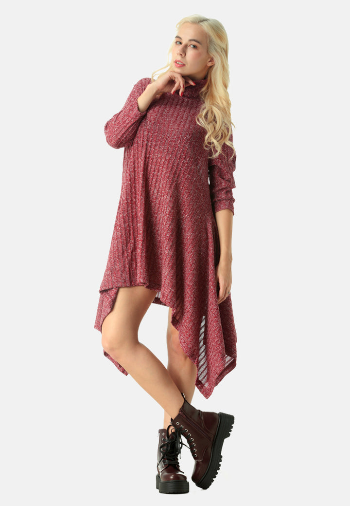 long sleeve irregular hem sweater dress#color_burgundy