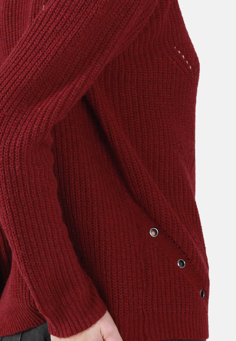 long sleeve knit sweater#color_burgundy