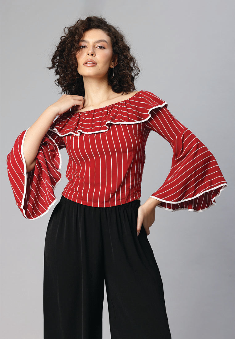 black floral print off shoulder top#color_burgundy