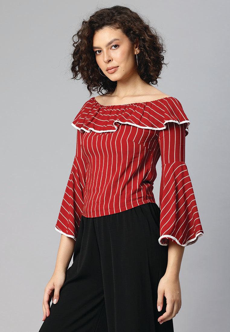 black floral print off shoulder top#color_burgundy