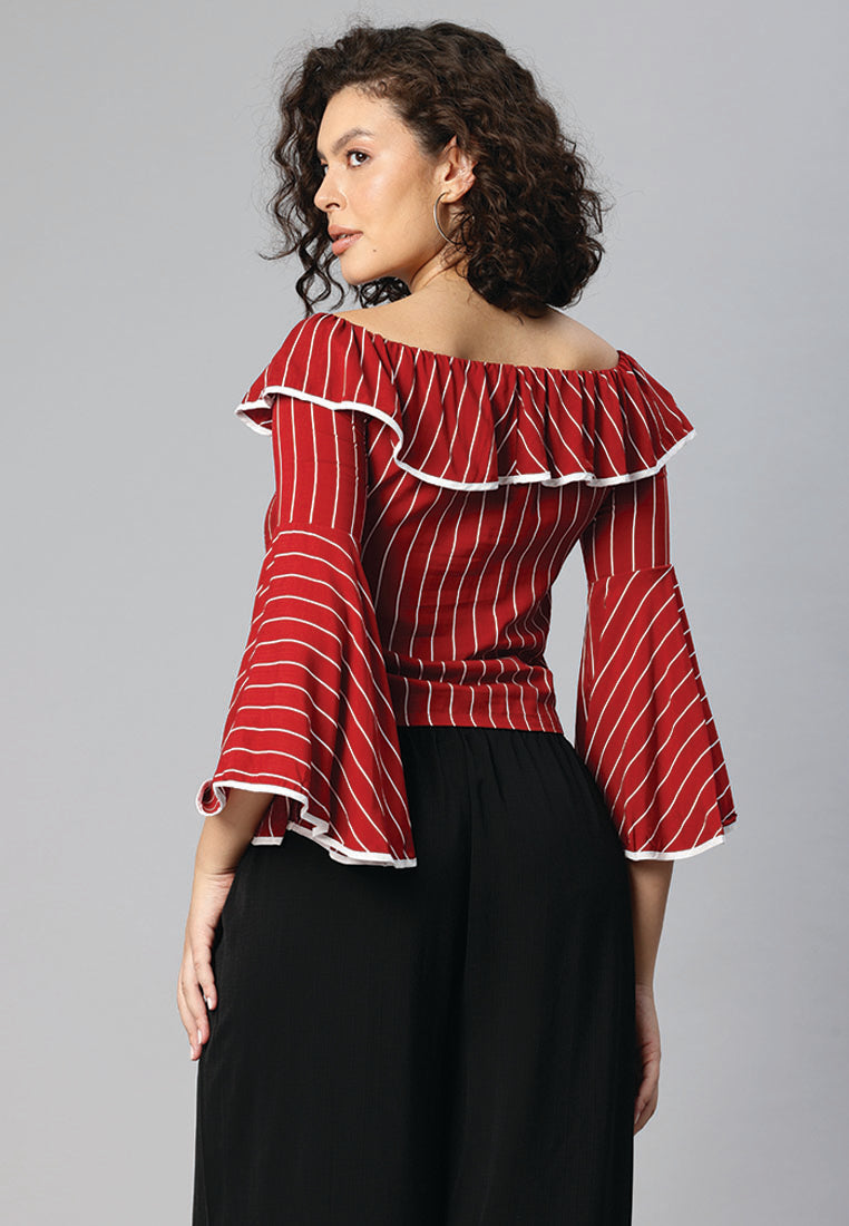 black floral print off shoulder top#color_burgundy