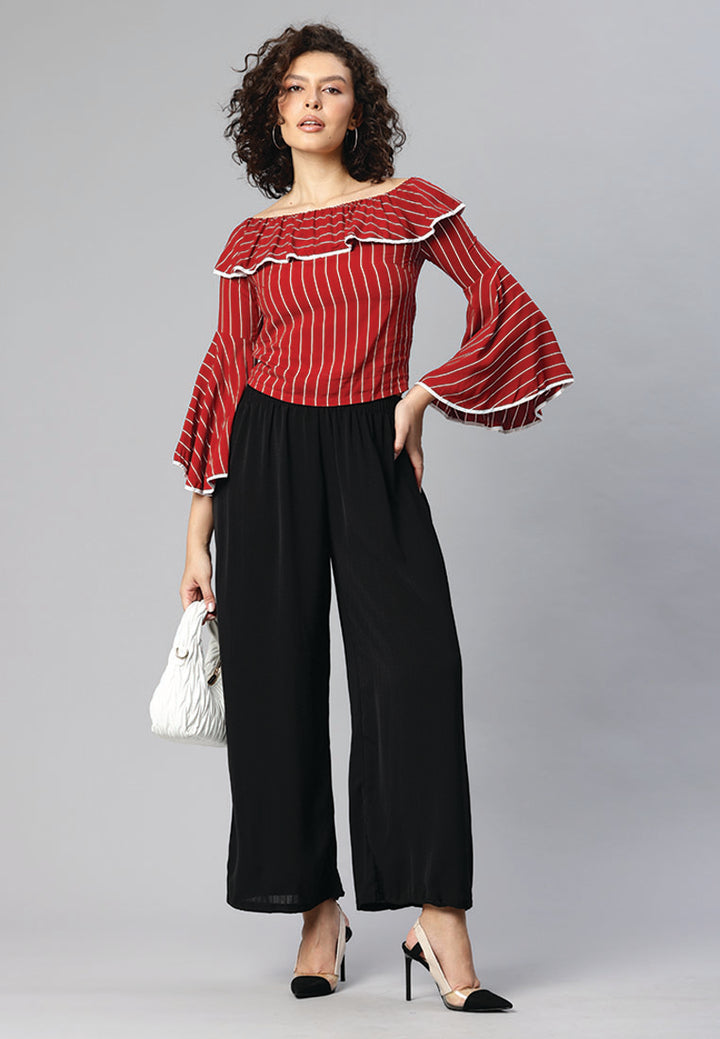black floral print off shoulder top#color_burgundy
