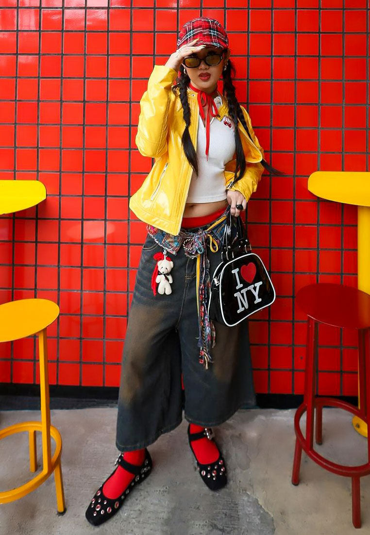 zipper faux leather biker jacket#color_mustard